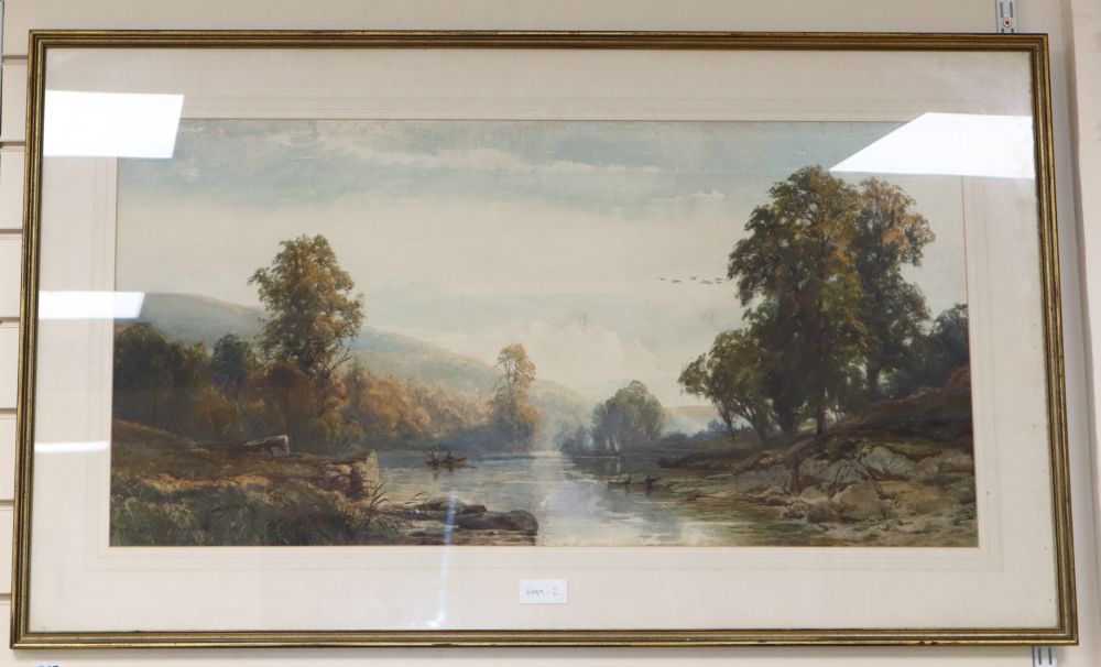 John Fulton (1835-1894), watercolour, Anglers in a river landscape, signed and indistinctly titled, 47 x 94cm